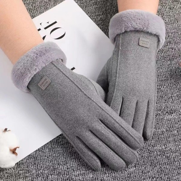 PU Leather Warm Winter Gloves for Women Cute Plush Woollen Gloves Black Adult Plush Thicken Winter Skiing Outdoor Gloves