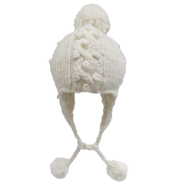 White Knitted Beanie Crochet Earflaps Pompom Winter Warm Hats