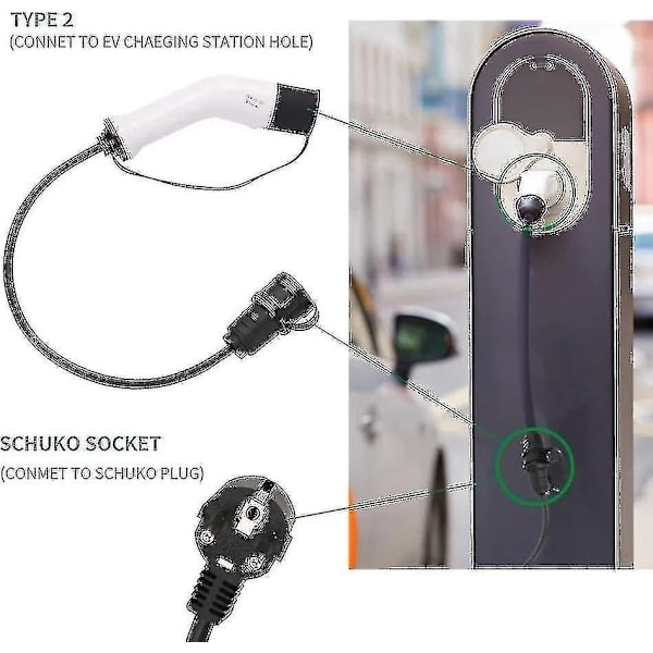 Type 2 til Schuko 16A EV ladekabeladapter Hvit Svart