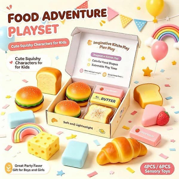 Mat-tema Knapriga Squishy Fidget-leksaker 6-pack, ASMR Kläm-sensoriska leksaker, Söta Smörpudding Jordnöts Stressavlastande Squishies, Nyhet Skrivbordslekset G