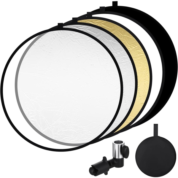 5-i-1 reflektorfotograferingssæt, foldereflektor med reflektorholder (80 cm diameter), rund reflektor klar, sølv, guld, hvid og sort