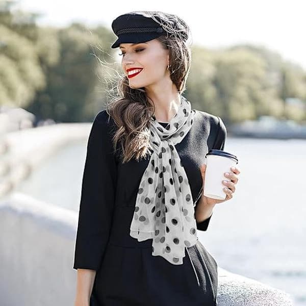Blødt blomstret tørklæde til kvinder Chiffon Sheer Tørklæde Polka Dot-hvid Sort