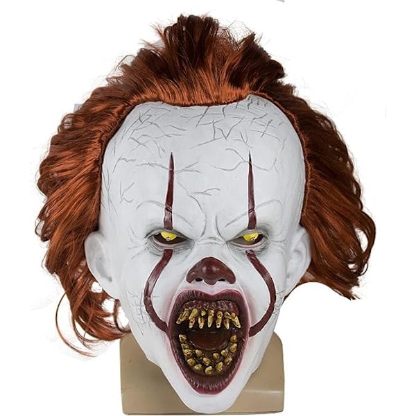 Läskig clownmask för Pennywise It Cosplay, LED-upplyst skräckmask med hår, Halloween latex vuxen