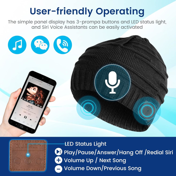 blueear Bluetooth Beanie Hat Bluetooh 5.2 Hovedtelefon Trådløse Vinterstrikhuer med Stereohøjttaler og Mikrofon 15 Timers Arbejdstid til Udendørs Sport H21 Black