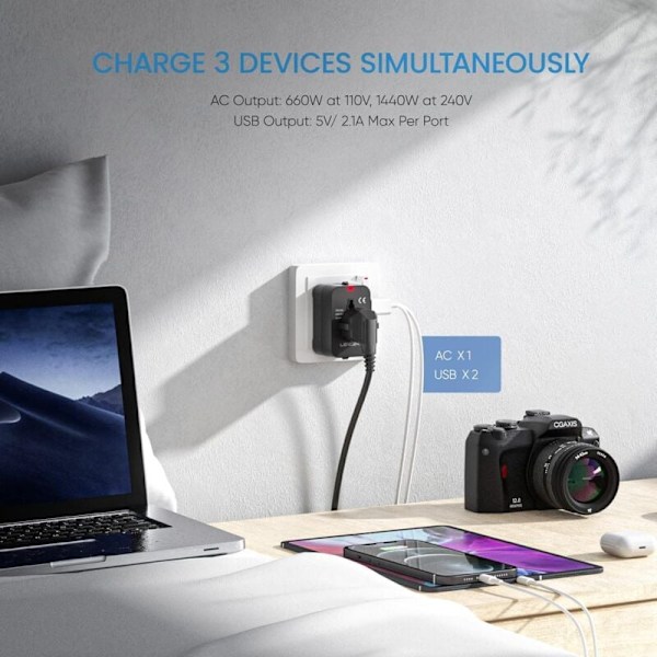 Rejseadapter, Universal /EU/US/AU-stik International Rejse Stikdåse med 2 USB-porte til over 200 lande