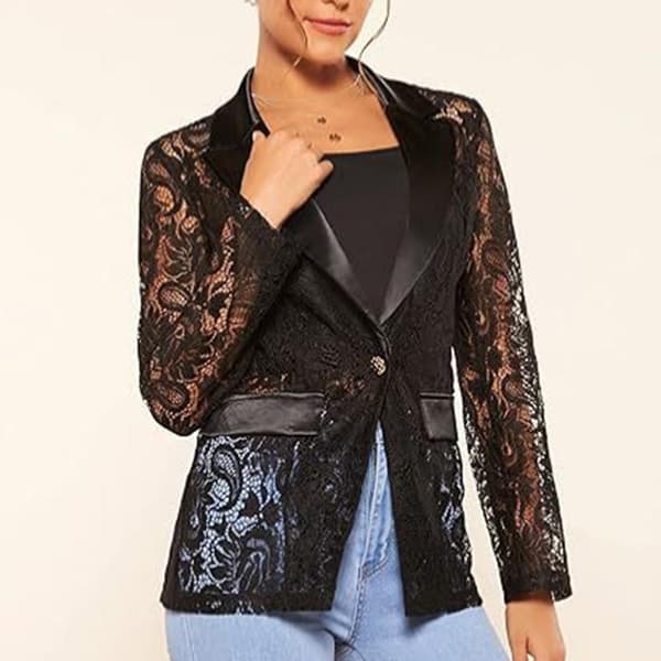 Blomstret blondeblazer til damer, enkeltknappet, revers, gennemsigtig meshjakke S
