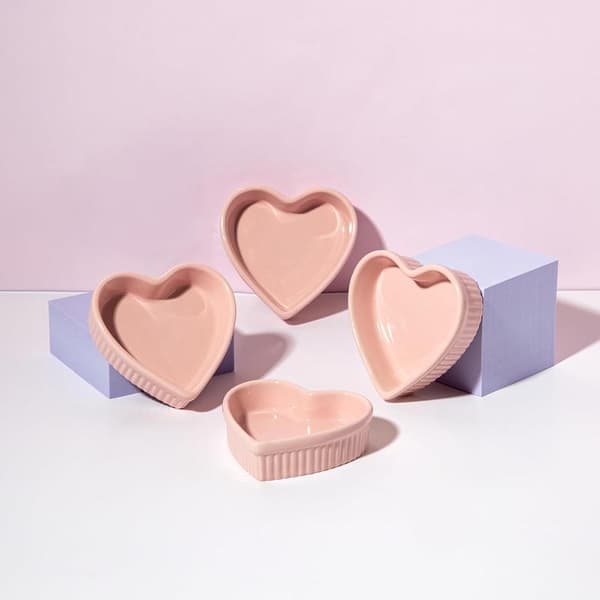 Hjärtformad Ramekinset, Mini Keramiska Ramekiner, Ugnssäkra Bakformar, Diskmaskinssäkra, Rosa