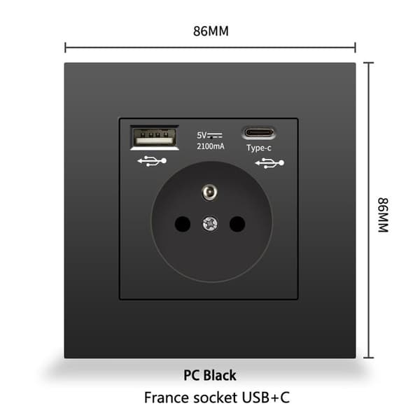 2-pak vægstik med USB og Type-C, stikkontakt 5V 2.1A, opladerstik til mobil og tablet-FY-
