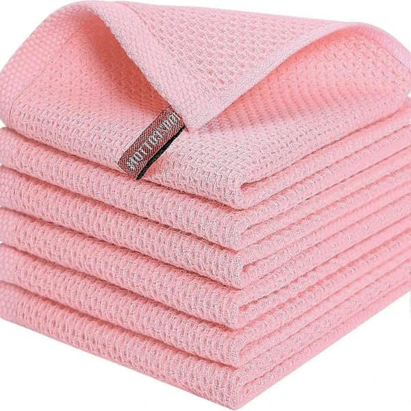 Kitchen Towels 6-pack Waffle Weave Cotton Quick Dry Absorbent Cleaning Cloths with Hanging Loop for Kitchen 34 x 34 cm Light Pink Light pink