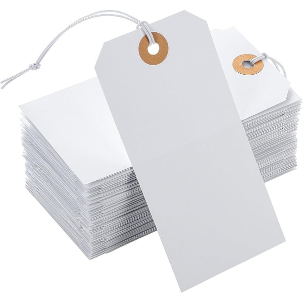 100 stk Store prislapper med elastisk snor, hvite hengende papiretiketter med snor, festet forsterket hull, skrivbar 12,1 cm × 6 cm