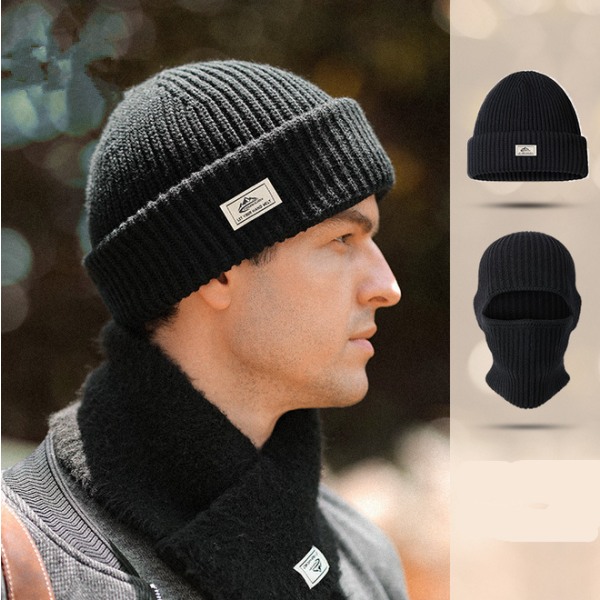 Black Men's Beanie Hat Winter Warm Thick Thermal Knit 2 in 1 Adjustable Ski Cap