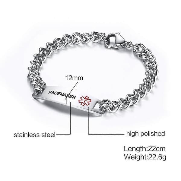 Medicinsk alarmarmbånd i rustfrit stål, graverbar, 22 cm, pacemaker medicinsk ID-armbånd