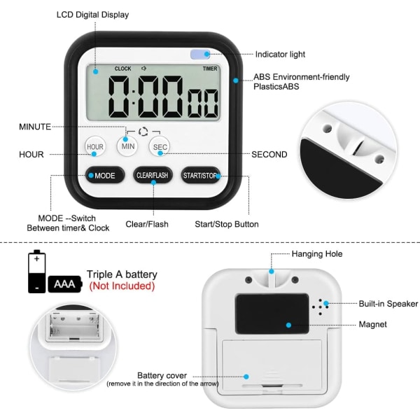 Digital Visuell Timer 24-timers Magnetisk Klokke Stoppeklokke Nedtelling og Nedtelling Timer med Stor LCD-skjerm Visning Store Siffer