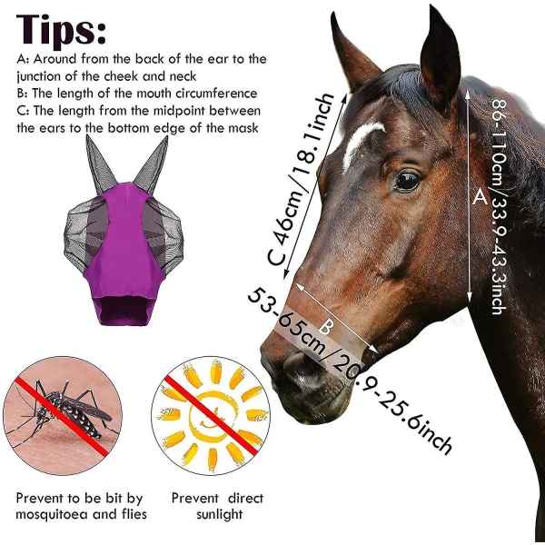 2 stk. hesteflue maske heste maske med ører glat og elasticitet flue maske med UV-beskyttelse (lilla, pink)