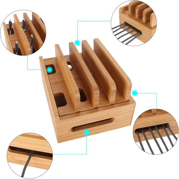 Multienhedsstativ i bambustræ til skrivebord, ladestation, ladedock, holder til iPhone 14 13 12 11 Pro Max XS iPad Mini 4