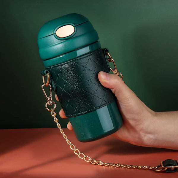 Eristetty vesipullo pillillä, ruostumattomasta teräksestä valmistettu termosmuki hihalla ja kantohihnalla, matkamuki lapsille, naisille ja miehille - 16oz/480ml (vihreä)