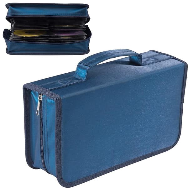 CD Case, 128 Capacity Mercerized Fabric CD DVD Holder Protection Zipper Portable Disc Storage Wallet Organizer - Dark Blue