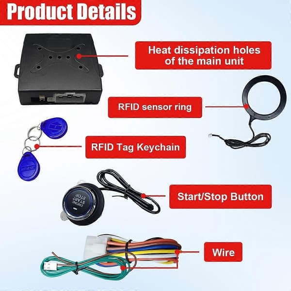 Bil Push Engine Start Knap Sæt, DC12V Automotive Keyless Go System Installationssæt, Opgrader Smart Push-to-Start Tænding til de fleste biler (Sort)
