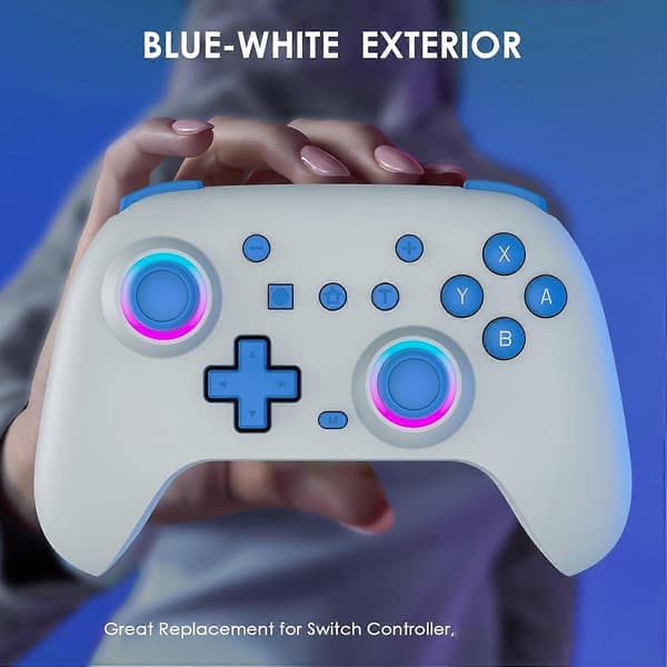 Trådlös spelkontroll med 6-axlig gyrorörelsesensor, dubbel vibration, RGB LED, ergonomisk för PC Android iOS ASN-Primrose Purple
