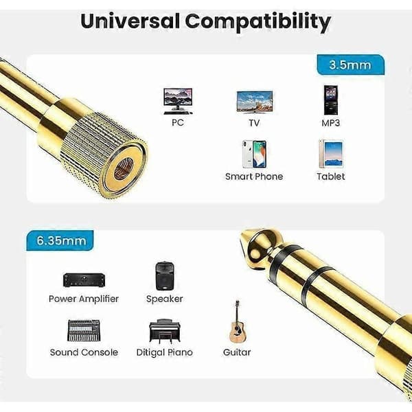 6,35 mm hann til 3,5 mm hunn-jackadapter, lydadapter for hodetelefonkontakt
