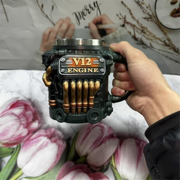 V12 Motor Harts med innerfoder 304 och mekanisk motorvattenmugg, frukostkopp