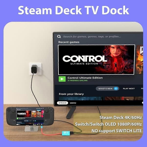 TV-dockningsstation för Nintendo Switch 2 och 1 och Steam Deck, stöder TV-dockningsläge, bärbara HDMI-adaptertillbehör för Nintendo Switch 1 och OLED NS2 Native Version