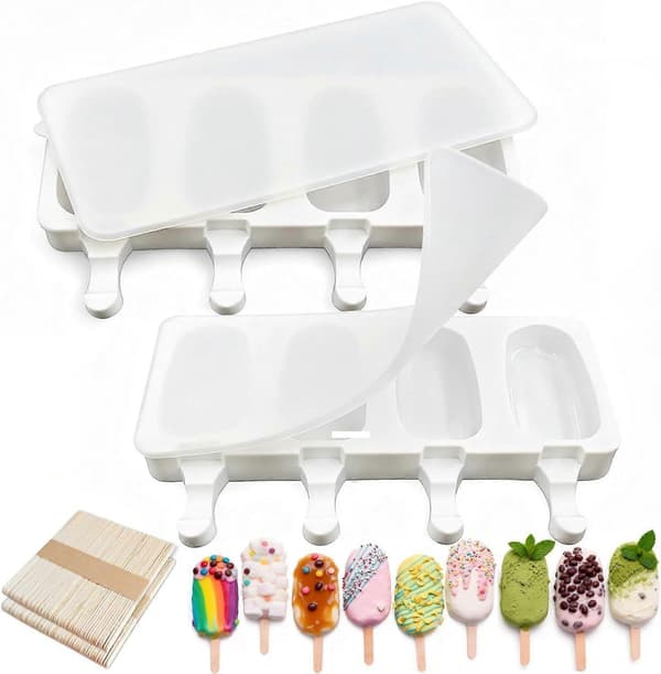2-pak silikone ispindeforme, store ovale 4-huls isforme med 100 træpinde, genanvendelig hjemmelavet form til is, cakesicles og cake pops PINK S