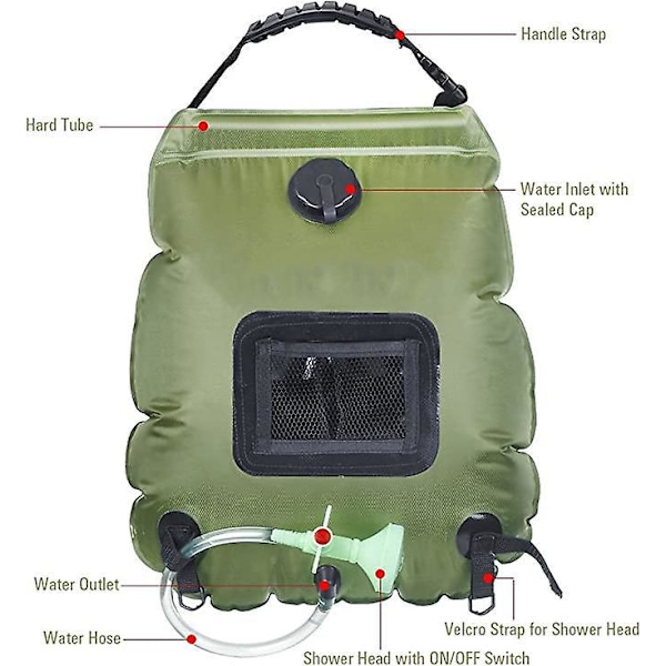 Utedusch med solenergi, 20L kapacitet, perfekt för camping, vandring och klättring