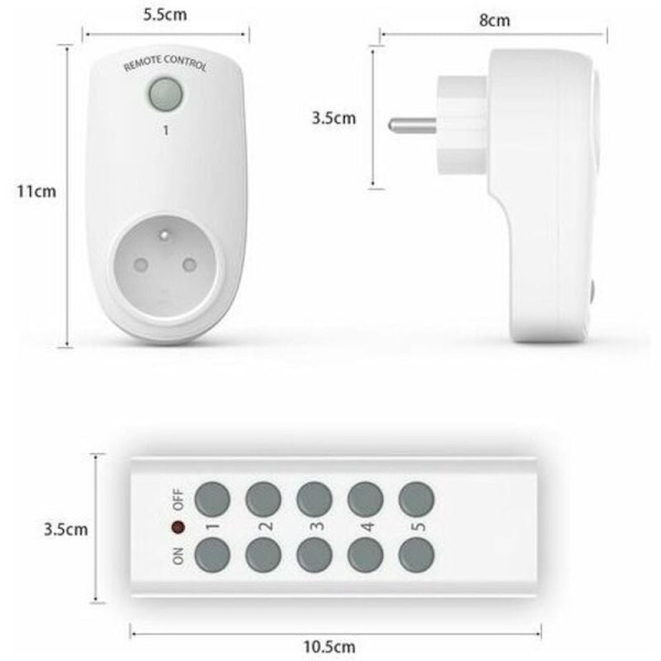 Set of 5 Programmable Outlets, Wireless Remote Control with 2 Remotes, 2 Batteries Included, 30 m Range