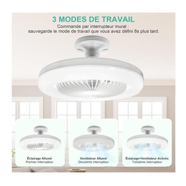 Lukket loftventilator med lys, 30W støjsvag vendbar ventilatorlampe, 3 vindhastigheder