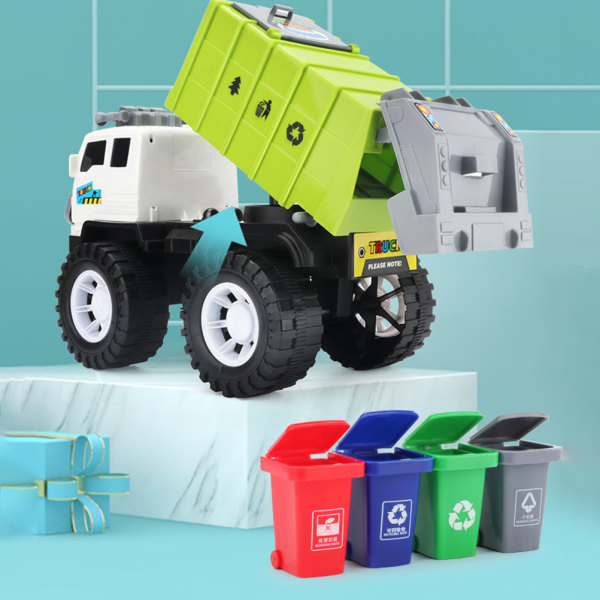 Skraldebil med 4 affaldssorteringsdåser til børn Sanitetsbil Bil skraldebiler Legesæt Legetøjssæt Julefødselsdagsgave