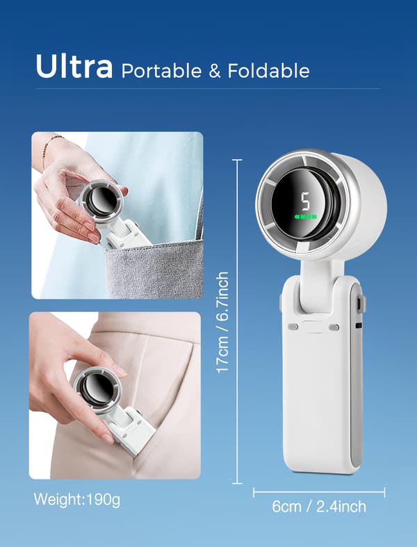 Håndholdt ventilator, 5-trins, 3600mAh, genopladelig, foldbar, hvid White