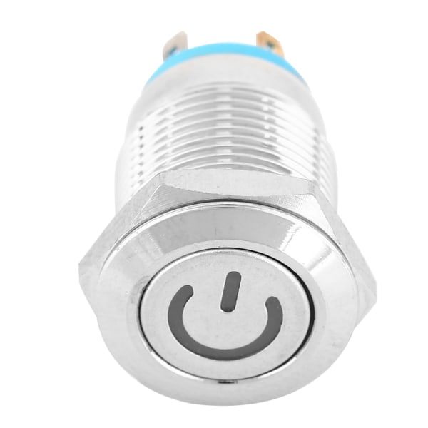 12 mm metaltrykknapkontakt med strømikon Blå LED-lys Selvnulstilling 1 normalt åben kontakt (5V) - 1 stk.