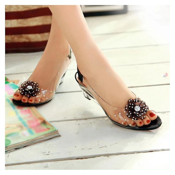 Gjennomsiktige Rhinestone Wedge Heel Sandaler med Studded Flower Design - Dame Casual Sko 38 Svart