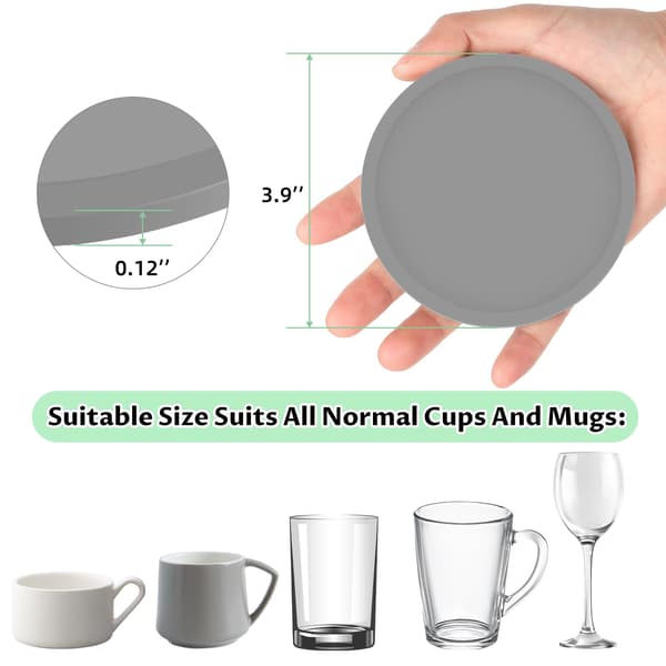 Grå coasters, sett med 8 runde silikon drikke coasters. Sklisikre koppmatter for kaffe, øl, vinglass og flasker. (Grå) grey