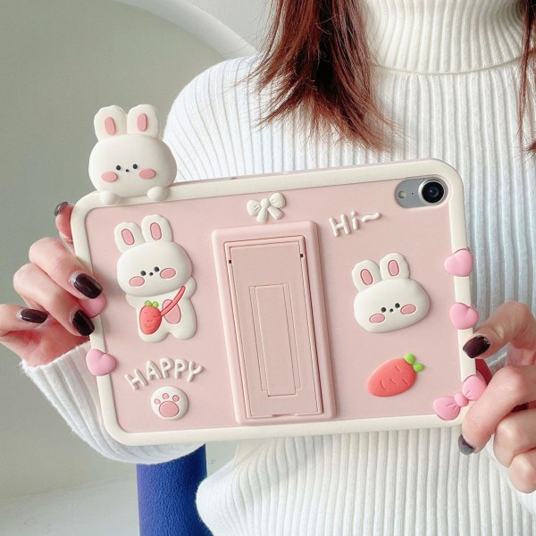 Pink stødsikkert silikonetui til iPad Mini 6 sød kanin med foldbart stativ