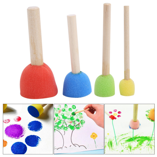 24 stk Farverig Mini DIY Maleri Svampe Tætninger Børster Værktøj Træhåndtag Tegne Legetøj Supply