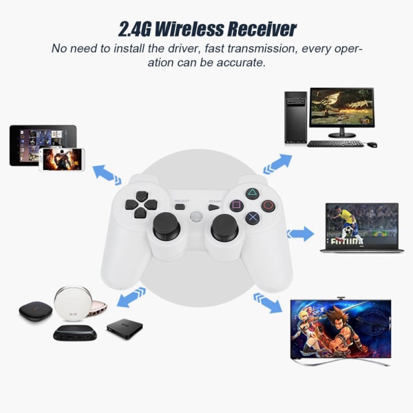 Bluetooth-håndkontroller for PS3 - Trådløs spillkontroller med alle funksjoner (hvit)