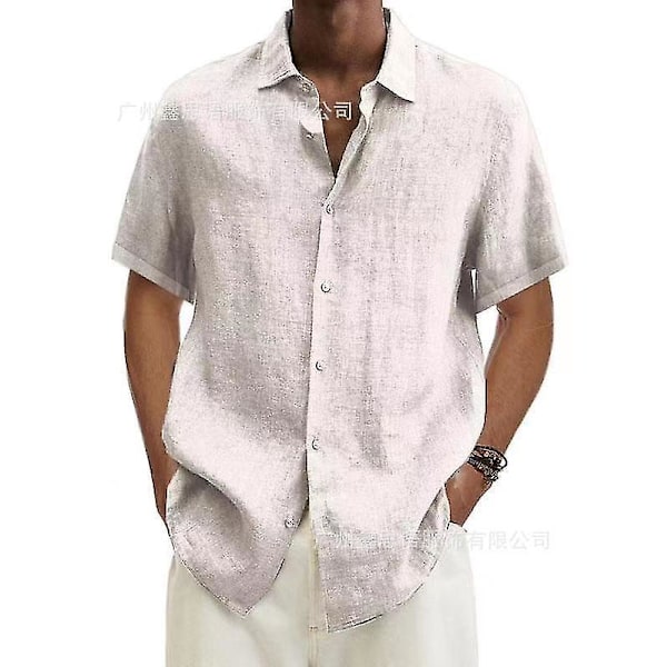 Summer Men's Cotton Linen Loose Blouse Tops with Turn Down Collar and Short Sleeves (S-5XL) 2XL white