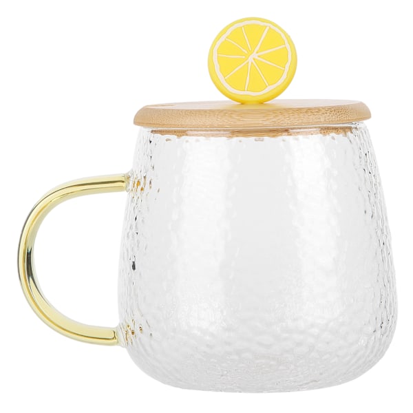 400 ml söt kopp i högborosilikatglas, värmebeständig mugg med sked i rostfritt stål och lock i bambu (citron)
