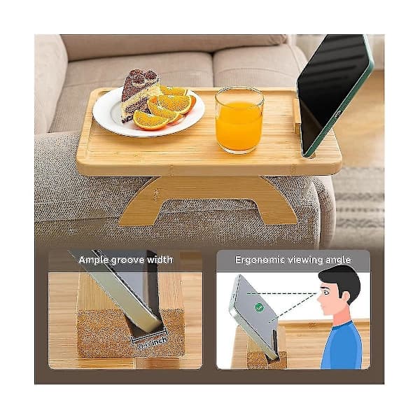 Kaffebrett i bambus – Clip-On sidebord for brede sofaer, sammenleggbart armlensbrett med 360° roterbar overflate