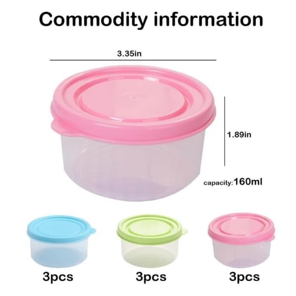 Set med 9 små förvaringsbehållare med plastlock - Gul, Blå, Rosa - 160 ml - Stapelbara