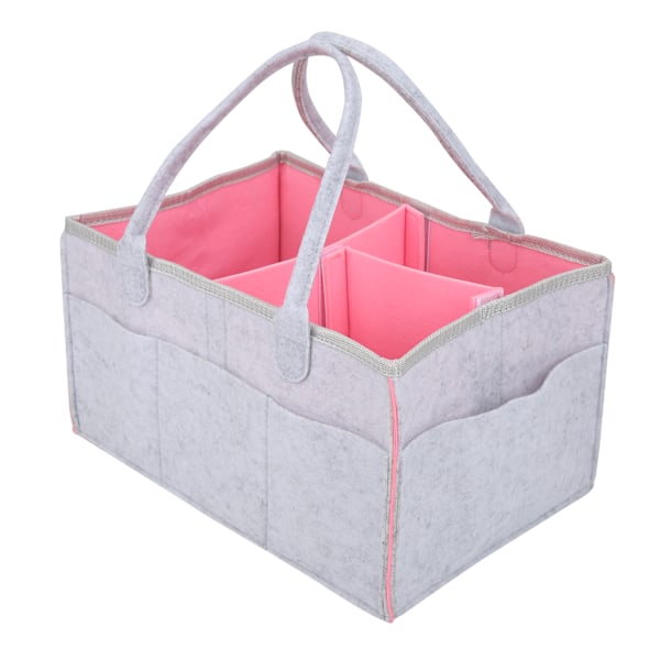 Babyble Organizer med Flere Rum - Mamma Håndtaske i Filt - Rejsemakeup Holder (Lysegrå/Pink)