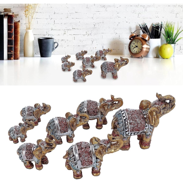 Søte elefantpynt i harpiks til hjemme- og kontordekorasjon - sett med 7