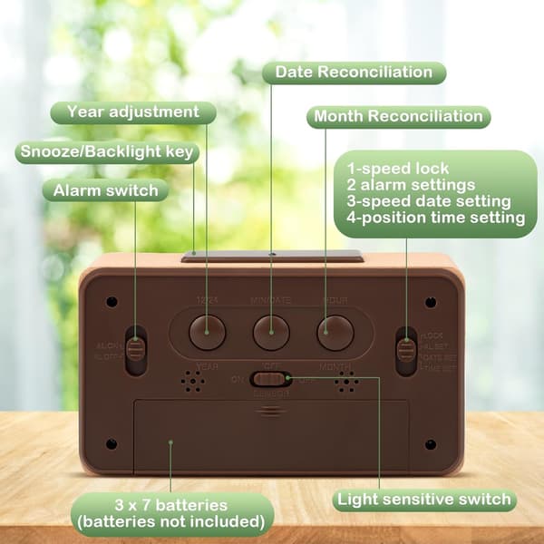 Wooden Digital Alarm Clock LCD Non-Ticking Digital Clock with Date Temperature Display Battery Operated Alarm Clock with Snooze Function