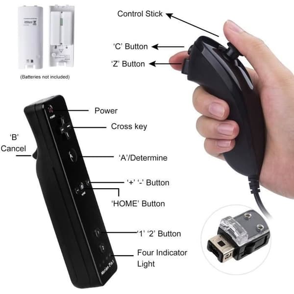 Wii-controller - Nintendo-kompatibel - 2 fjernbetjeninger - bevægelsessensor - 2 Nunchucks - Sort