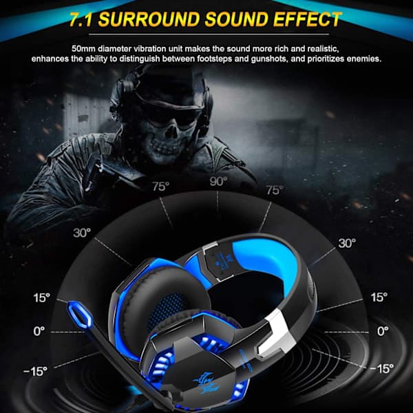 Gaming Headset Over-Ear med Mikrofon, Kablede Hovedtelefoner til PC PS4 Xbox Blå