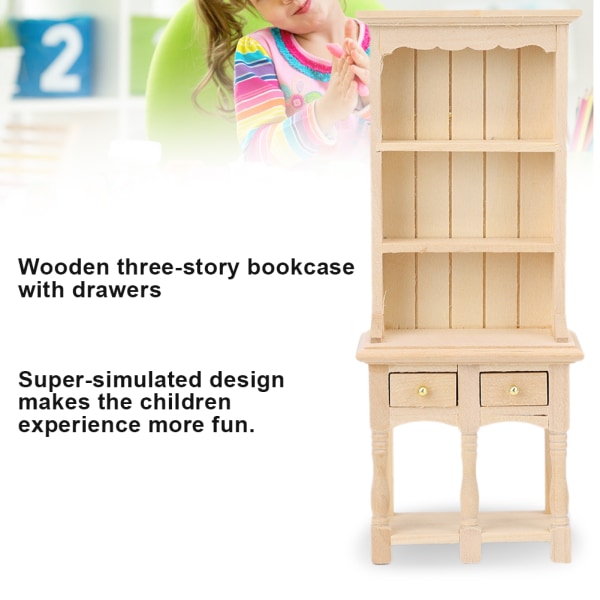 Miniature studie dekoration 3-lags bogreol med skuffer til 1:12 dukkehus og dukke træfarve