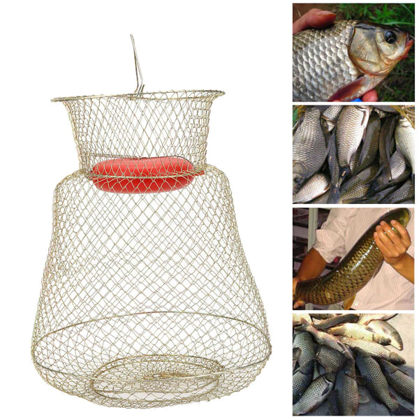 Sammenklappelig rund bærbar fiskereje kurv fiskenet bur i rustfrit stål med flydende skål, diameter 33 cm (S)