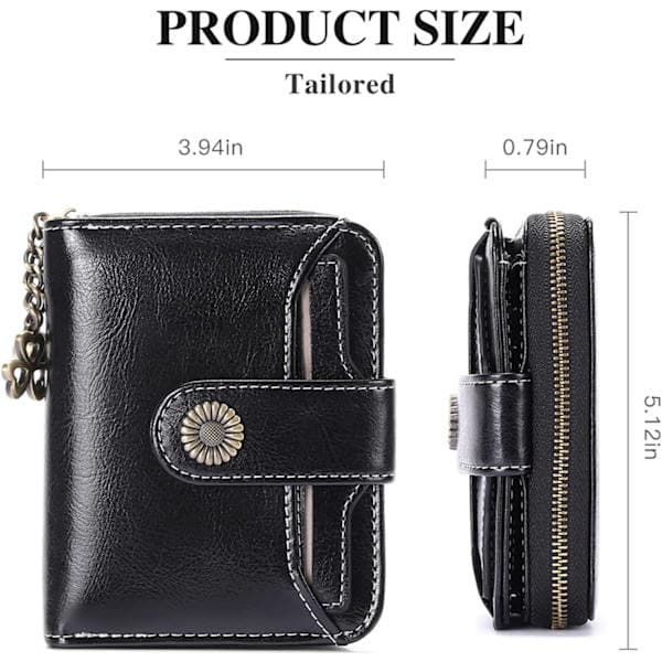 Ægte læder damepunge, lille foldbar kompakt pung til kvinder med RFID-beskyttelse sort Black